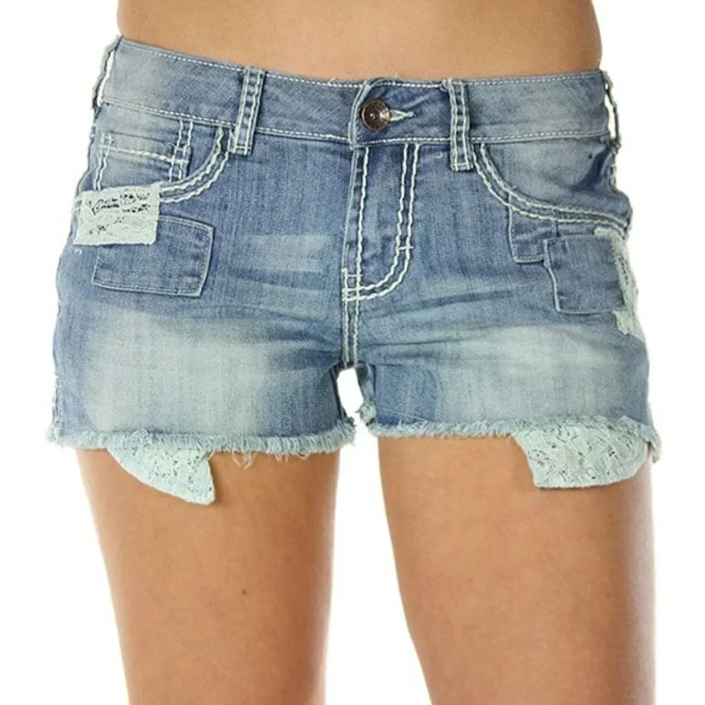 Cowgirl Tuff Light Wash Lace Detail Denim Short Shorts‎ 29